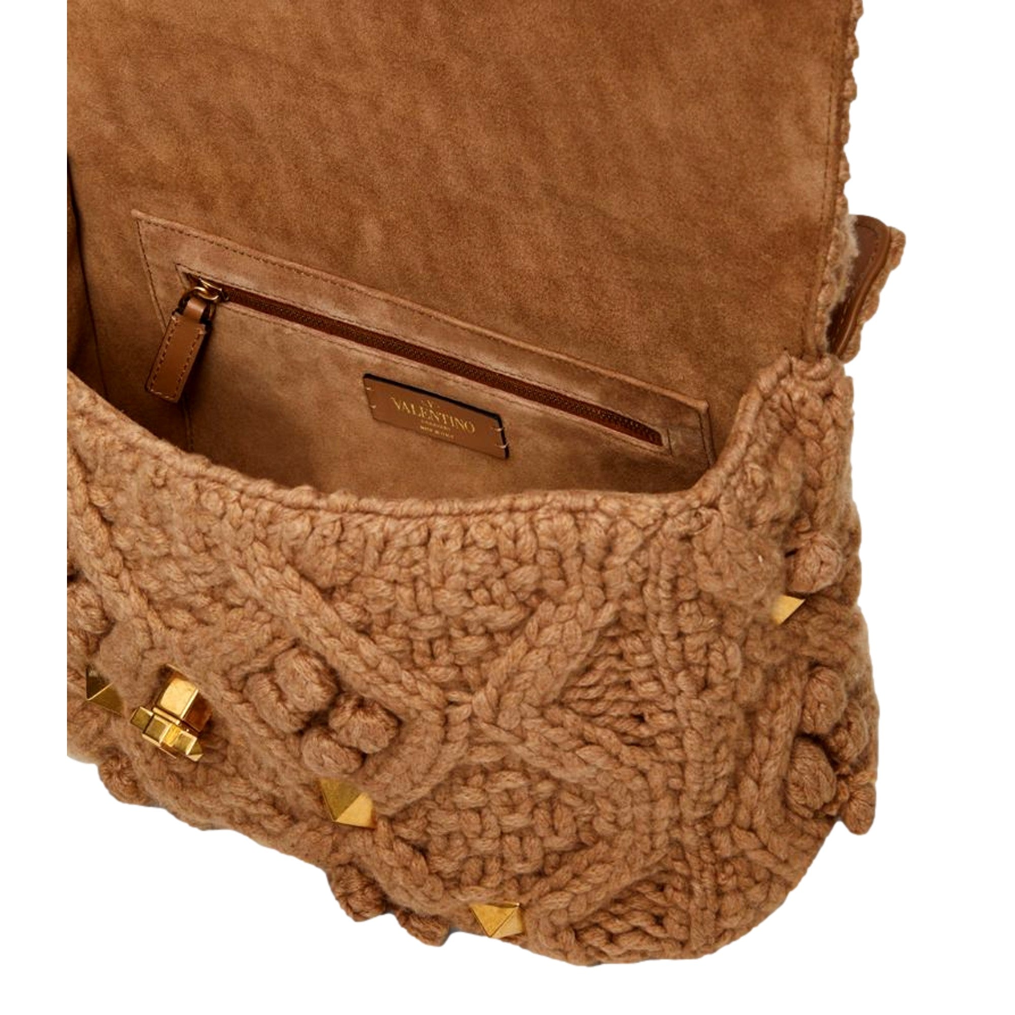 Valentino Garavani Roman Stud Large Shoulder Bag Brown Knit Cashmere available at Queen Bee of Beverly Hills