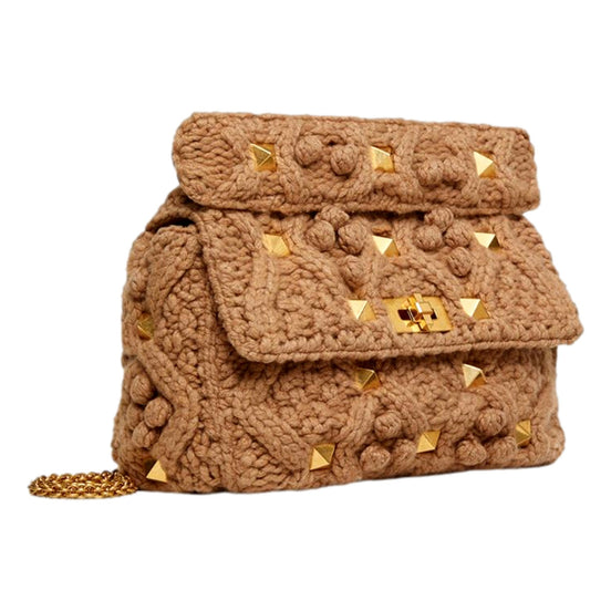 Valentino Garavani Roman Stud Large Shoulder Bag Brown Knit Cashmere available at Queen Bee of Beverly Hills
