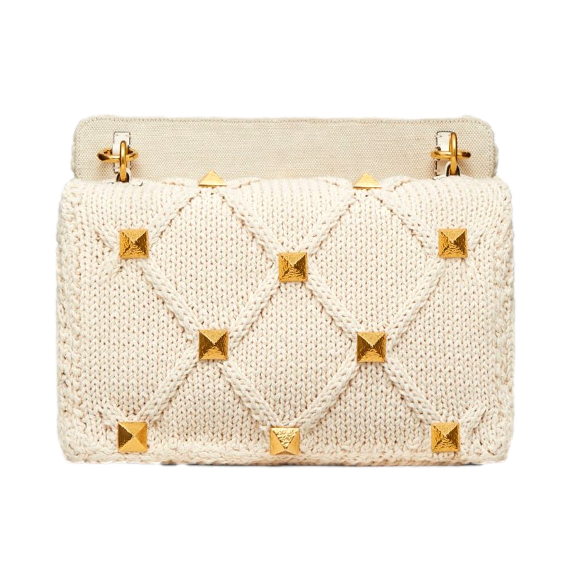Valentino Garavani Roman Stud Large Shoulder Bag Ivory Knit Cashmere available at Queen Bee of Beverly Hills