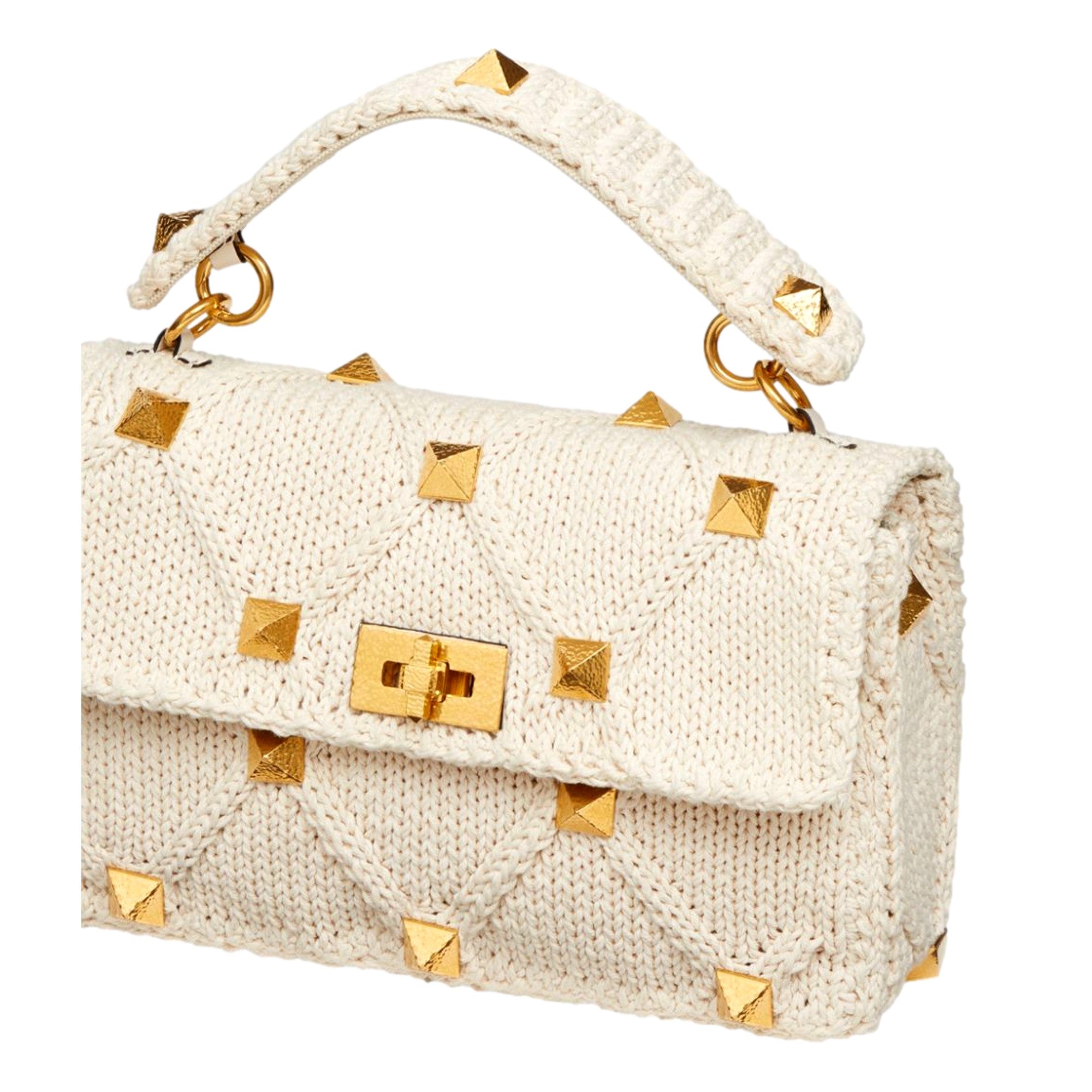Valentino Garavani Roman Stud Large Shoulder Bag Ivory Knit Cashmere available at Queen Bee of Beverly Hills