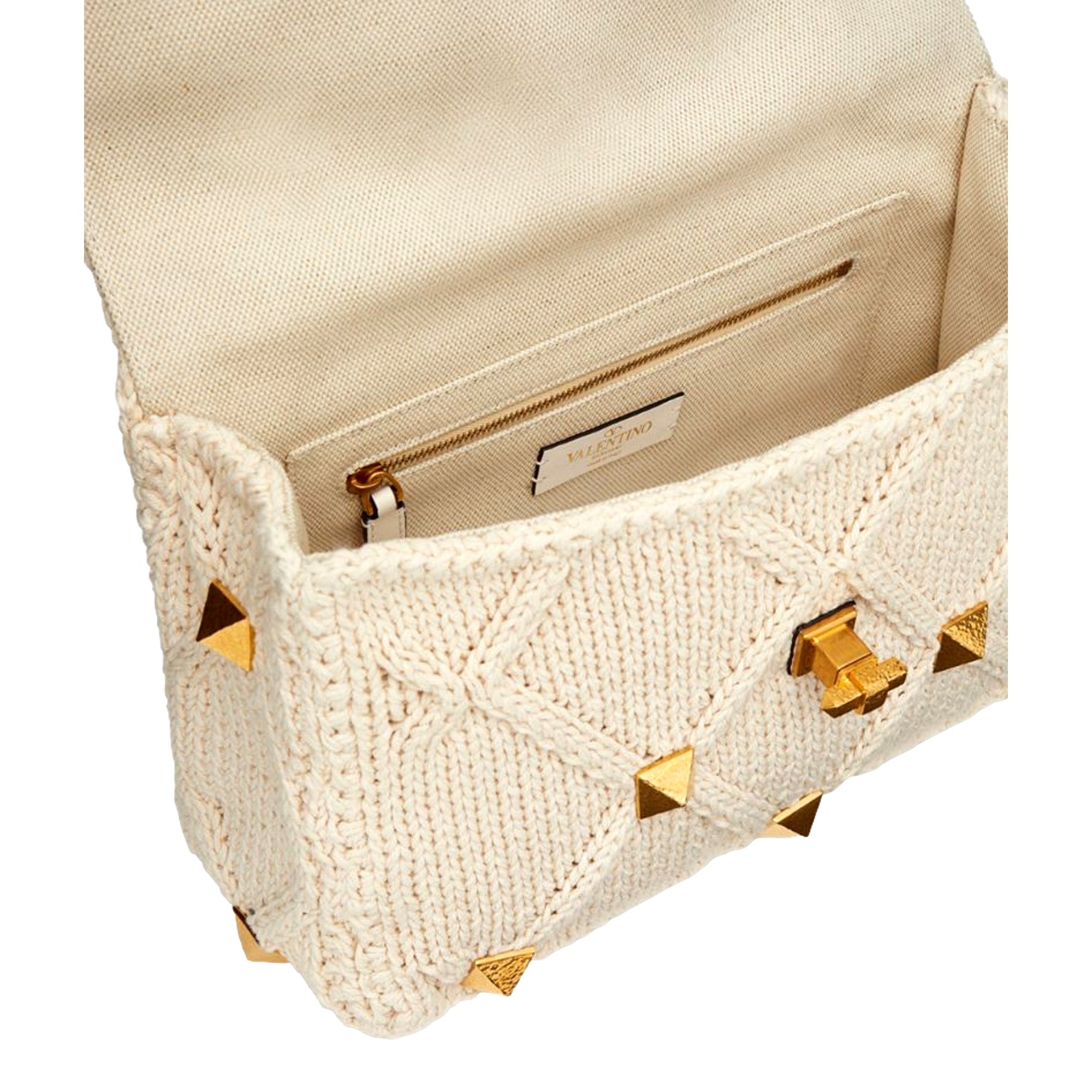 Valentino Garavani Roman Stud Large Shoulder Bag Ivory Knit Cashmere available at Queen Bee of Beverly Hills