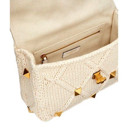 Valentino Garavani Roman Stud Large Shoulder Bag Ivory Knit Cashmere available at Queen Bee of Beverly Hills