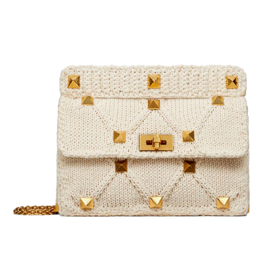 Valentino Garavani Roman Stud Large Shoulder Bag Ivory Knit Cashmere available at Queen Bee of Beverly Hills