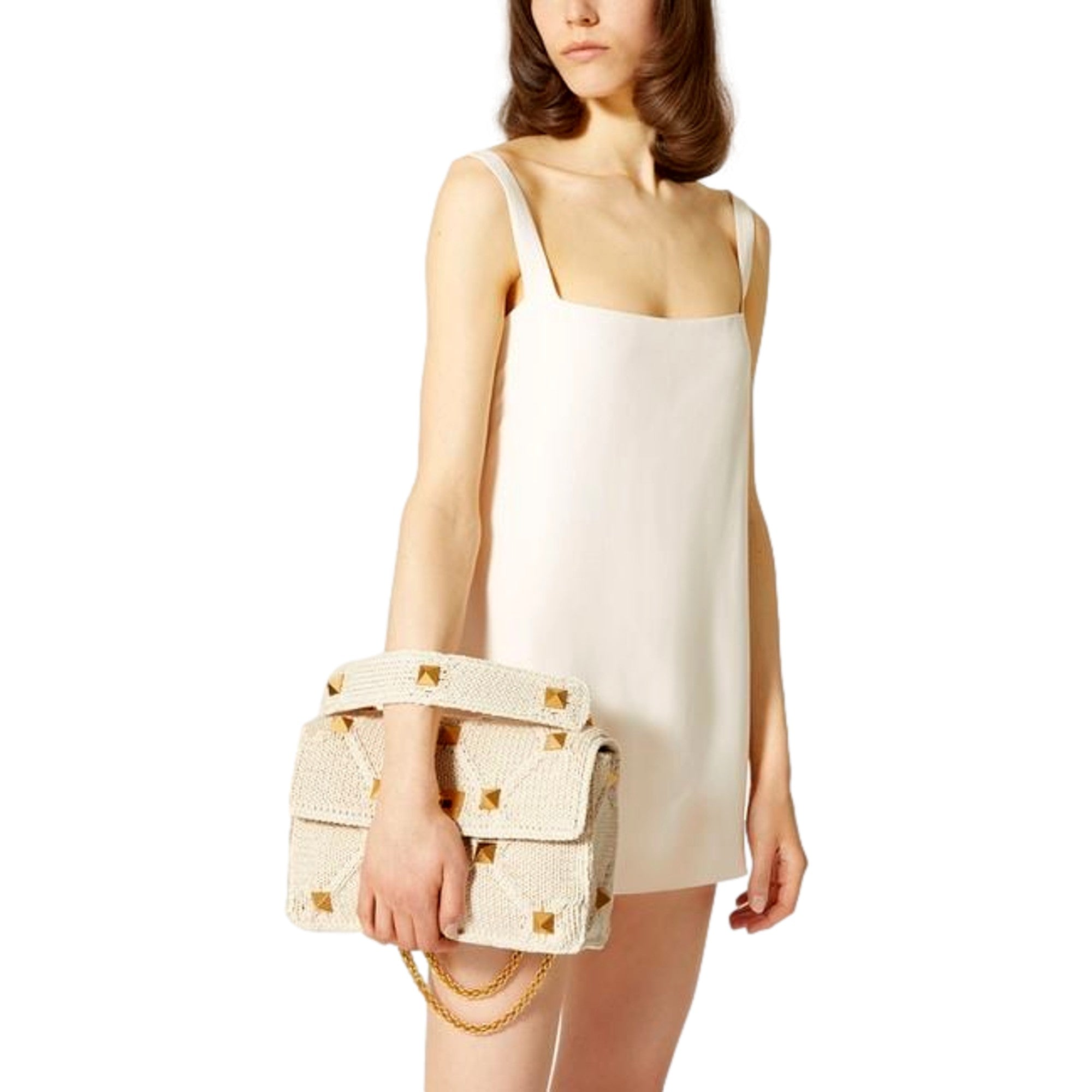 Valentino Garavani Roman Stud Large Shoulder Bag Ivory Knit Cashmere available at Queen Bee of Beverly Hills