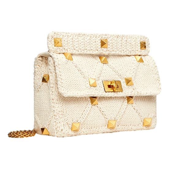Valentino Garavani Roman Stud Large Shoulder Bag Ivory Knit Cashmere available at Queen Bee of Beverly Hills