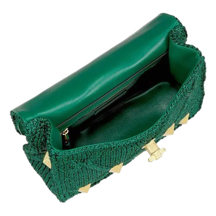 Valentino Garavani Roman Stud Medium Shoulder Bag Metallic Green Lurex available at Queen Bee of Beverly Hills