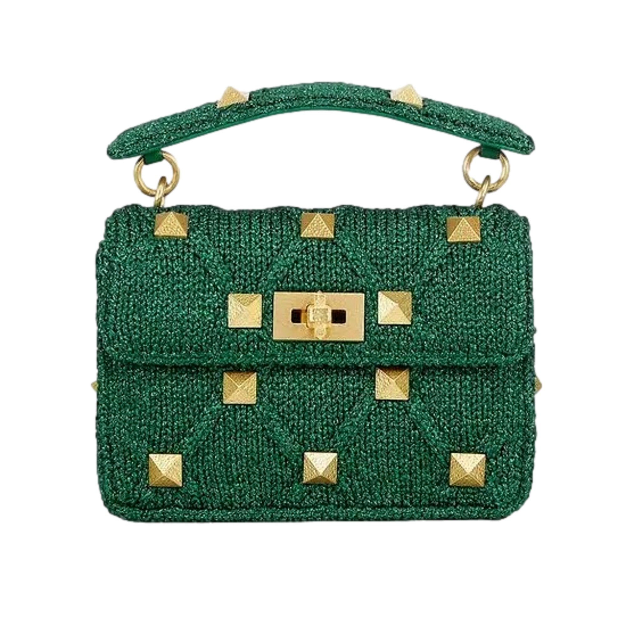Valentino Garavani Roman Stud Medium Shoulder Bag Metallic Green Lurex available at Queen Bee of Beverly Hills