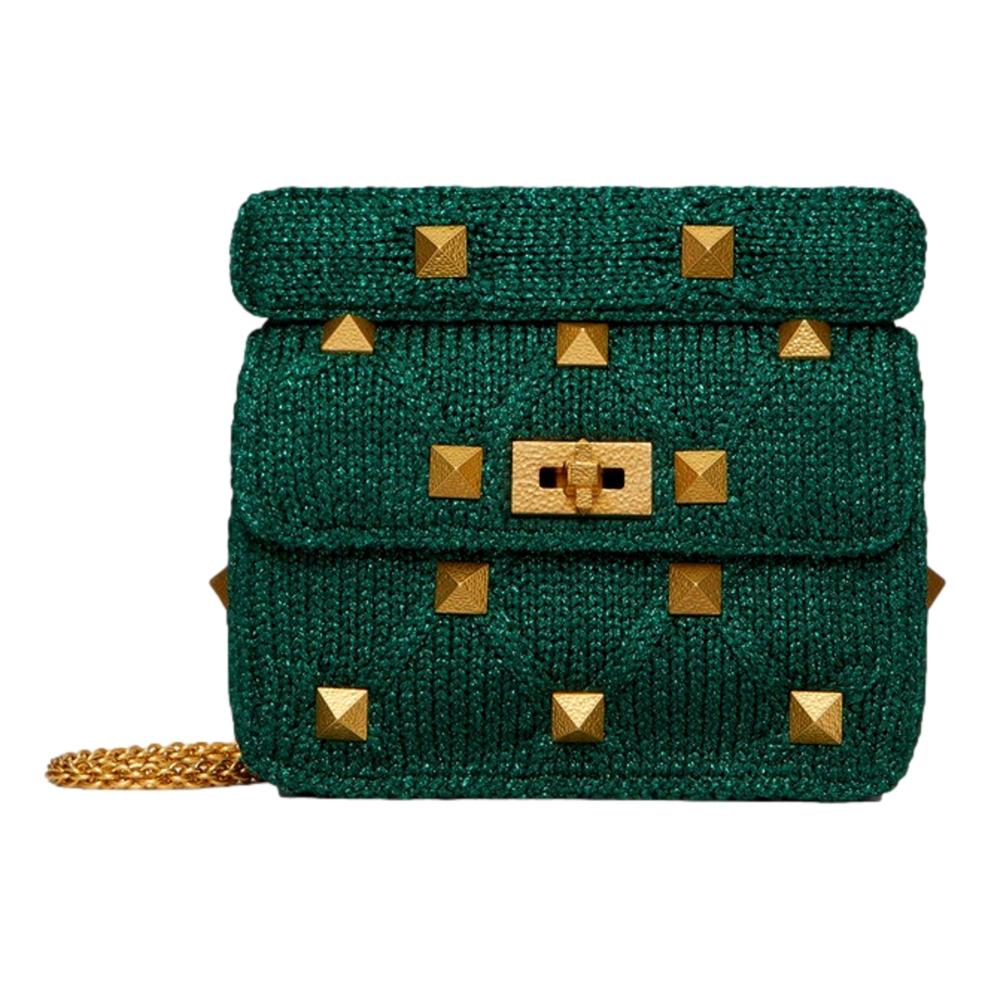 Valentino Garavani Roman Stud Medium Shoulder Bag Metallic Green Lurex available at Queen Bee of Beverly Hills