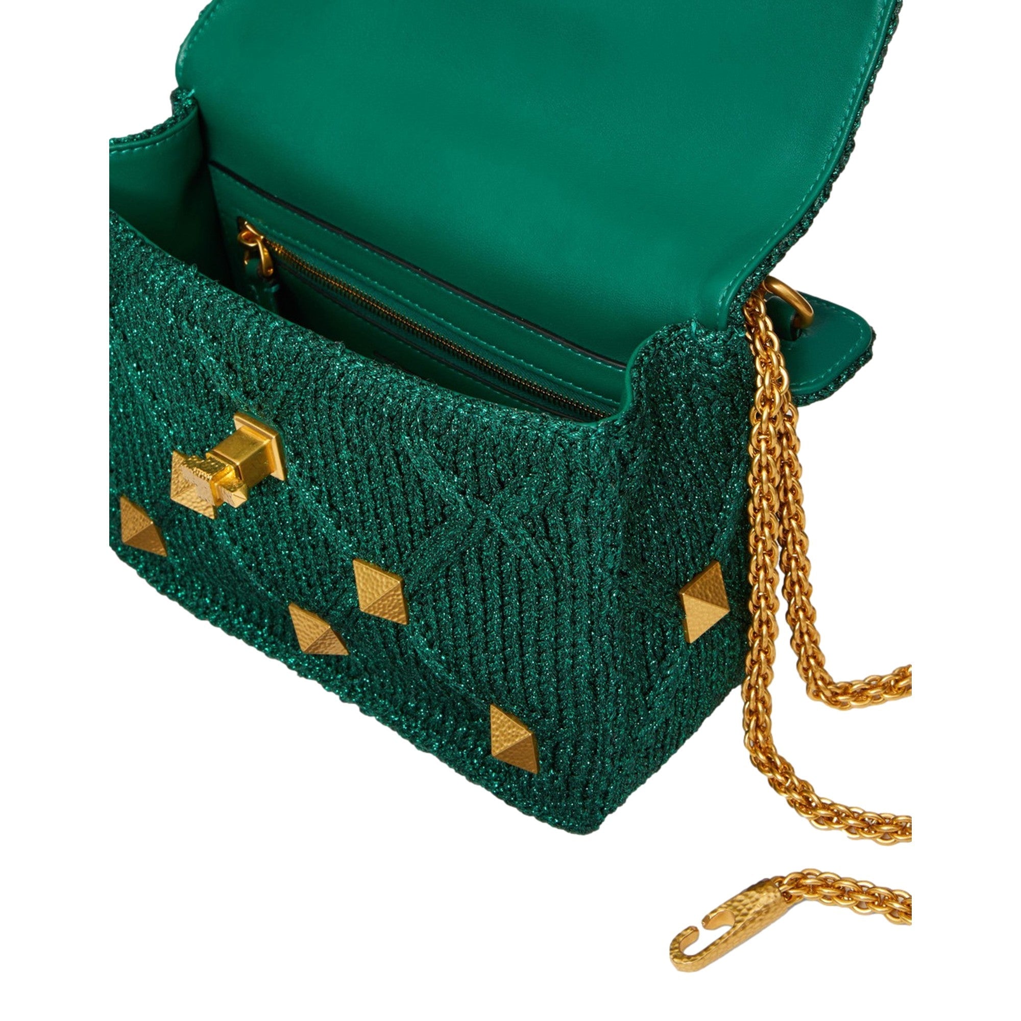 Valentino Garavani Roman Stud Medium Shoulder Bag Metallic Green Lurex available at Queen Bee of Beverly Hills