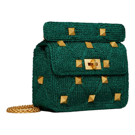 Valentino Garavani Roman Stud Medium Shoulder Bag Metallic Green Lurex available at Queen Bee of Beverly Hills