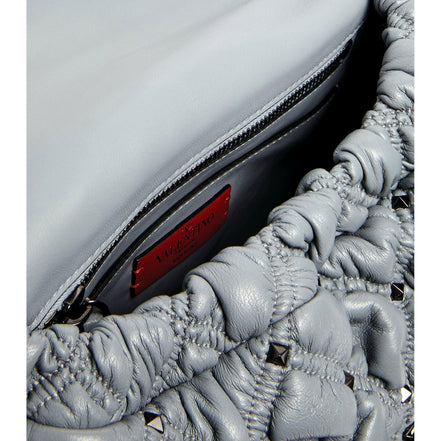 Valentino Garavani Spikeme Gray Studded Leather Medium Crossbody Bag available at Queen Bee of Beverly Hills