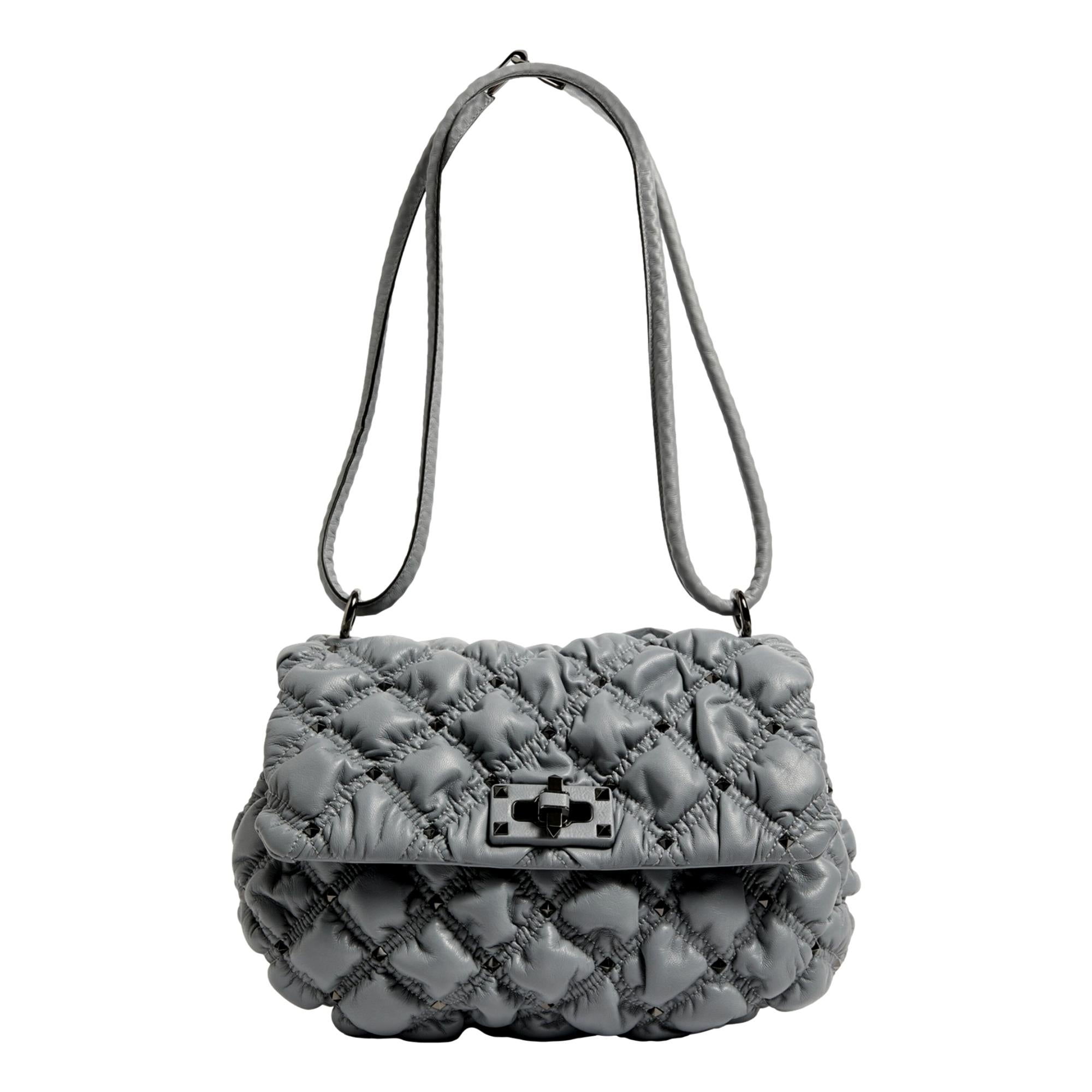 Valentino Garavani Spikeme Gray Studded Leather Medium Crossbody Bag available at Queen Bee of Beverly Hills