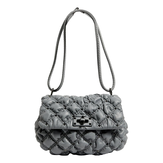 Valentino Garavani Spikeme Gray Studded Leather Medium Crossbody Bag available at Queen Bee of Beverly Hills