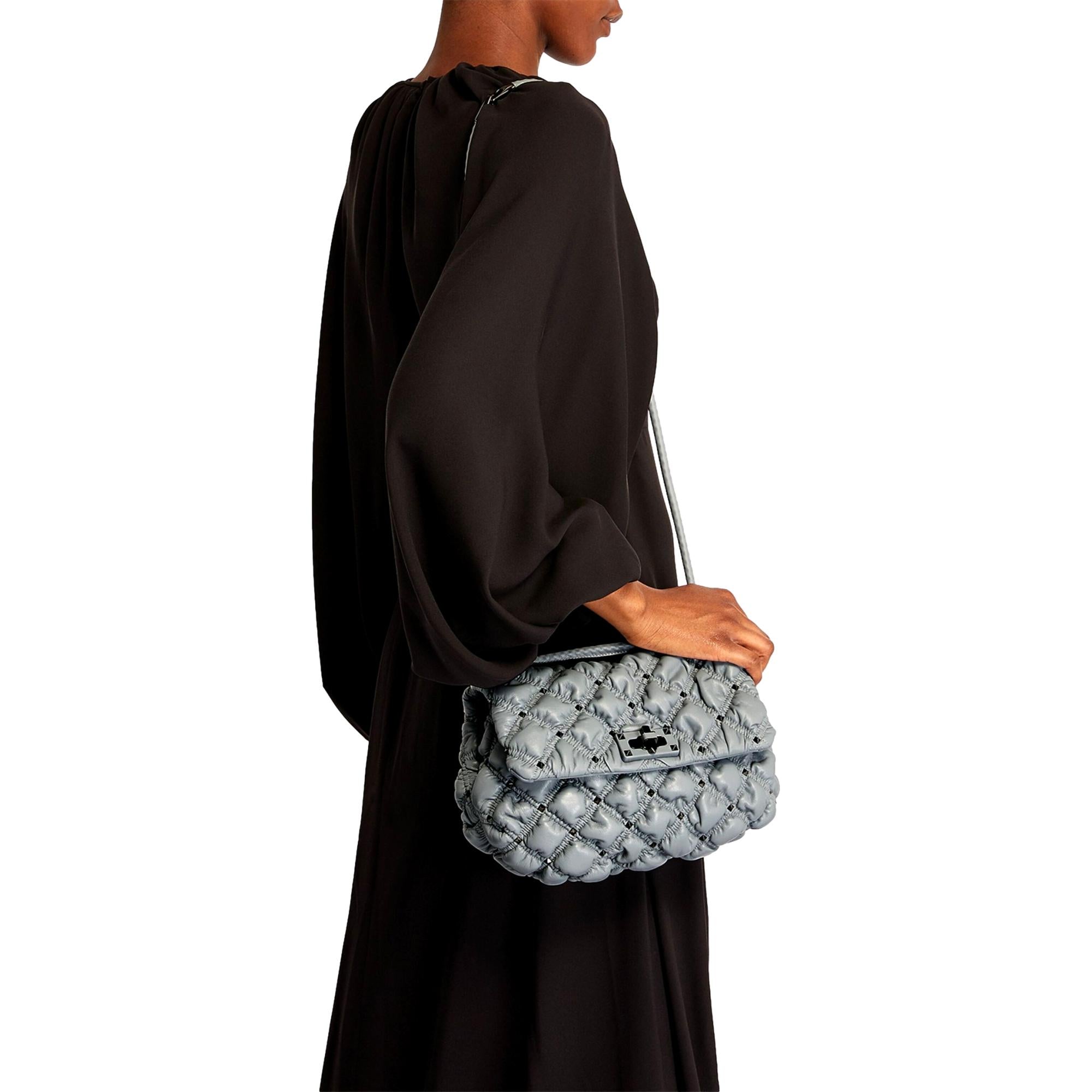 Valentino Garavani Spikeme Gray Studded Leather Medium Crossbody Bag available at Queen Bee of Beverly Hills