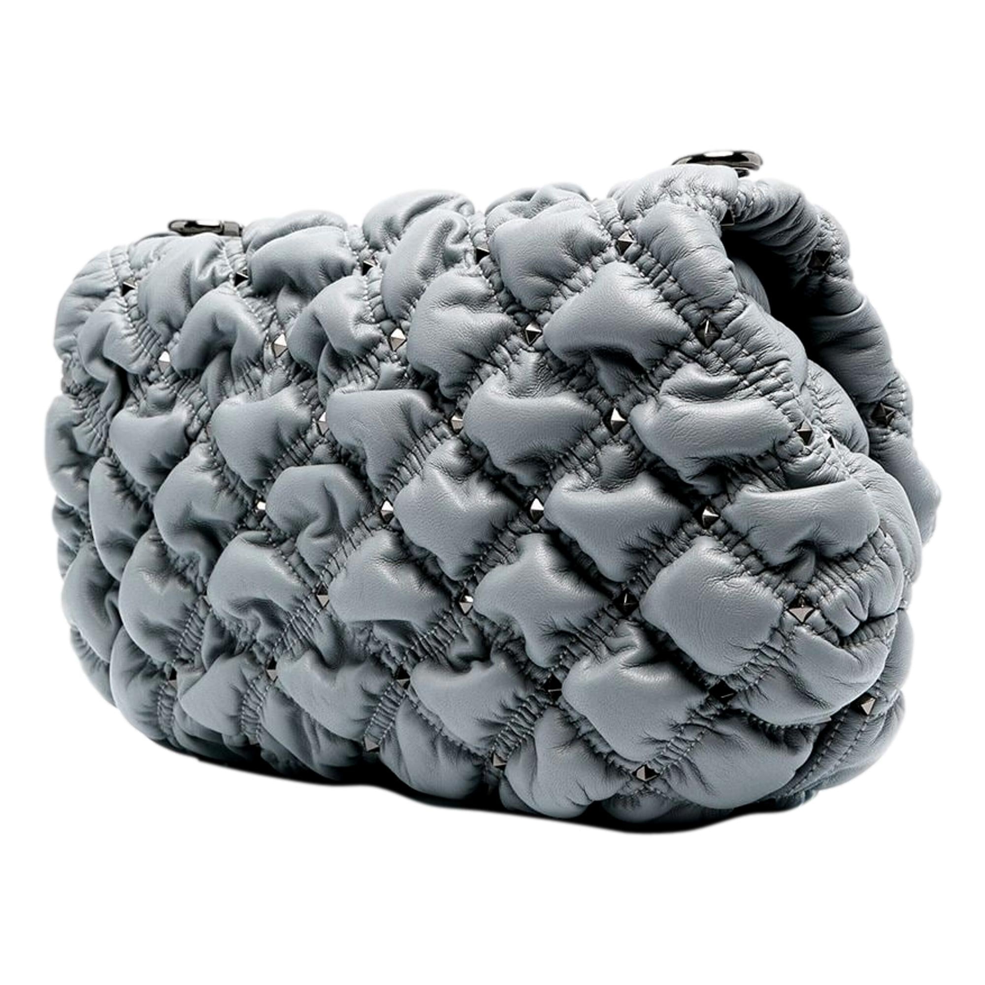 Valentino Garavani Spikeme Gray Studded Leather Medium Crossbody Bag available at Queen Bee of Beverly Hills