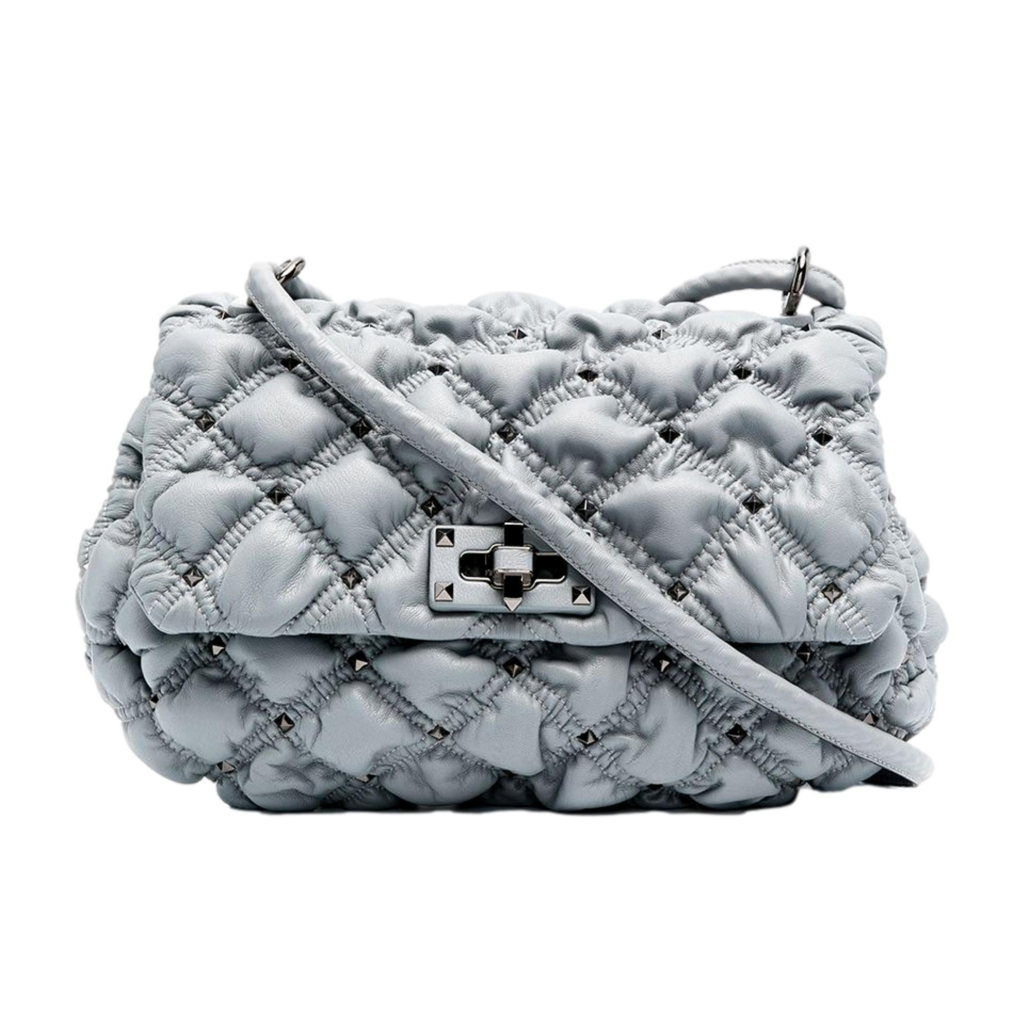 Valentino Garavani Spikeme Gray Studded Leather Medium Crossbody Bag available at Queen Bee of Beverly Hills