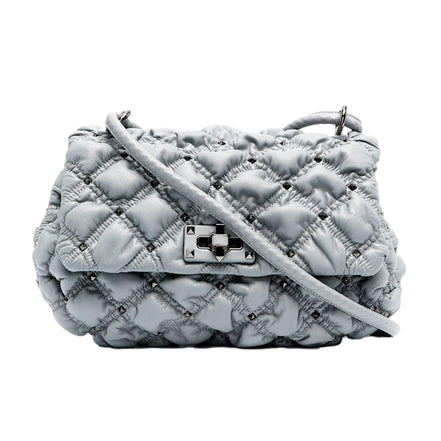 Valentino Garavani Spikeme Gray Studded Leather Medium Crossbody Bag available at Queen Bee of Beverly Hills