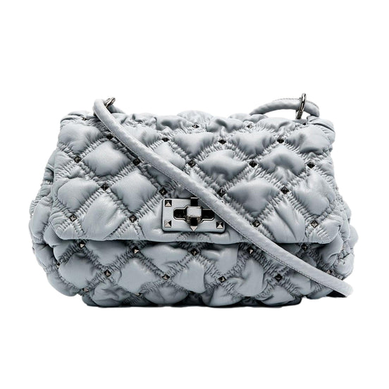 Valentino Garavani Spikeme Gray Studded Leather Medium Crossbody Bag available at Queen Bee of Beverly Hills