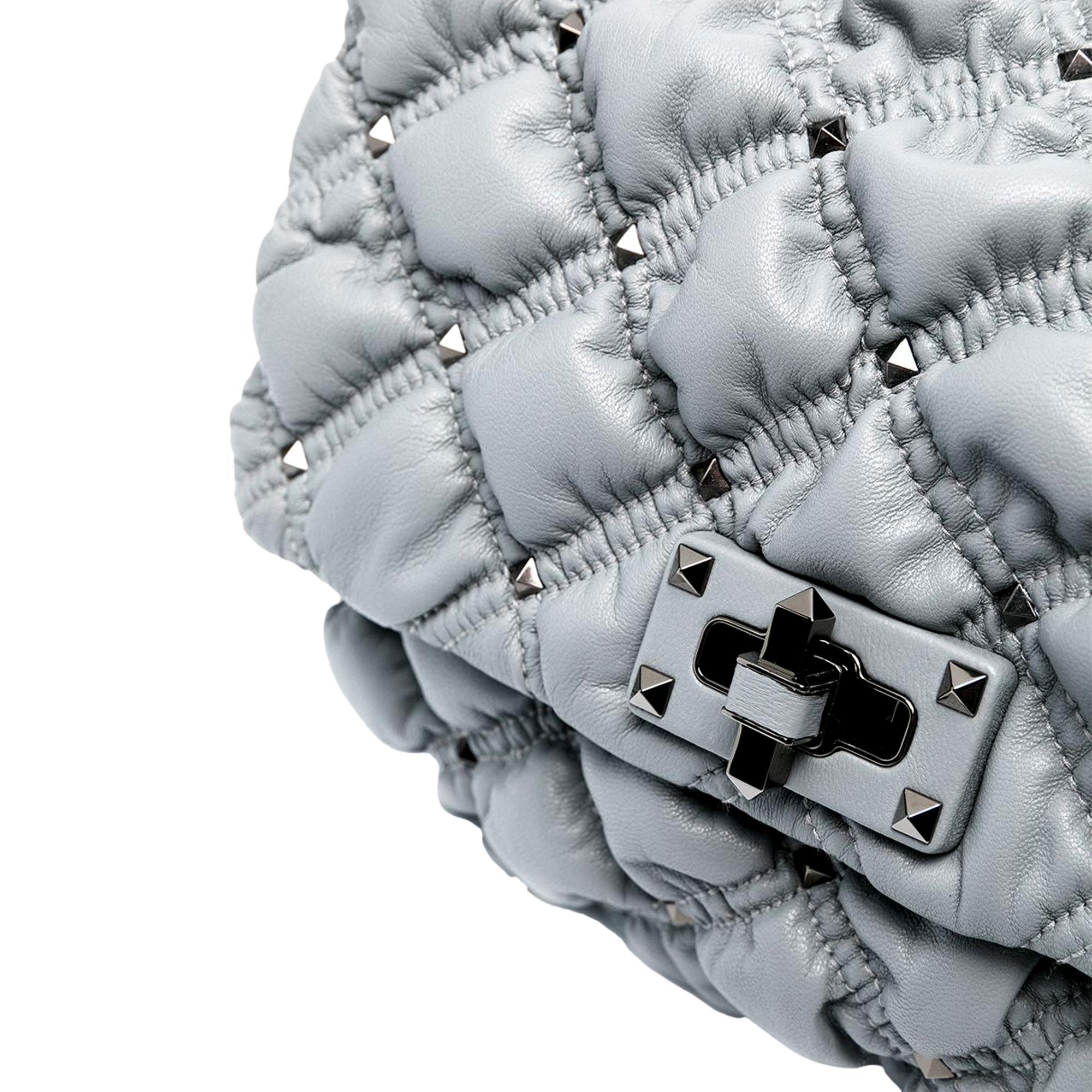 Valentino Garavani Spikeme Gray Studded Leather Medium Crossbody Bag available at Queen Bee of Beverly Hills