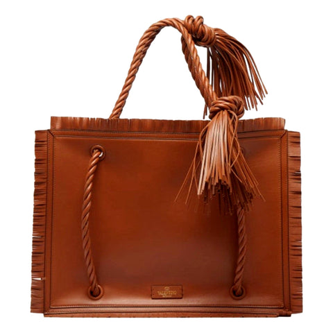 Valentino Garavani The Rope Large Fringe Brown Leather Tote Bag available at Queen Bee of Beverly Hills