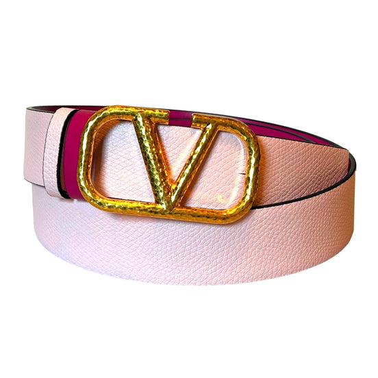 Valentino Garavani VLogo Reversible Belt Size 85 Pink Pebbled Leather available at Queen Bee of Beverly Hills