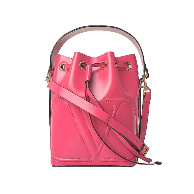 Valentino Garavani VLogo Walk Bucket Crossbody Bag Pink Calf Leather available at Queen Bee of Beverly Hills
