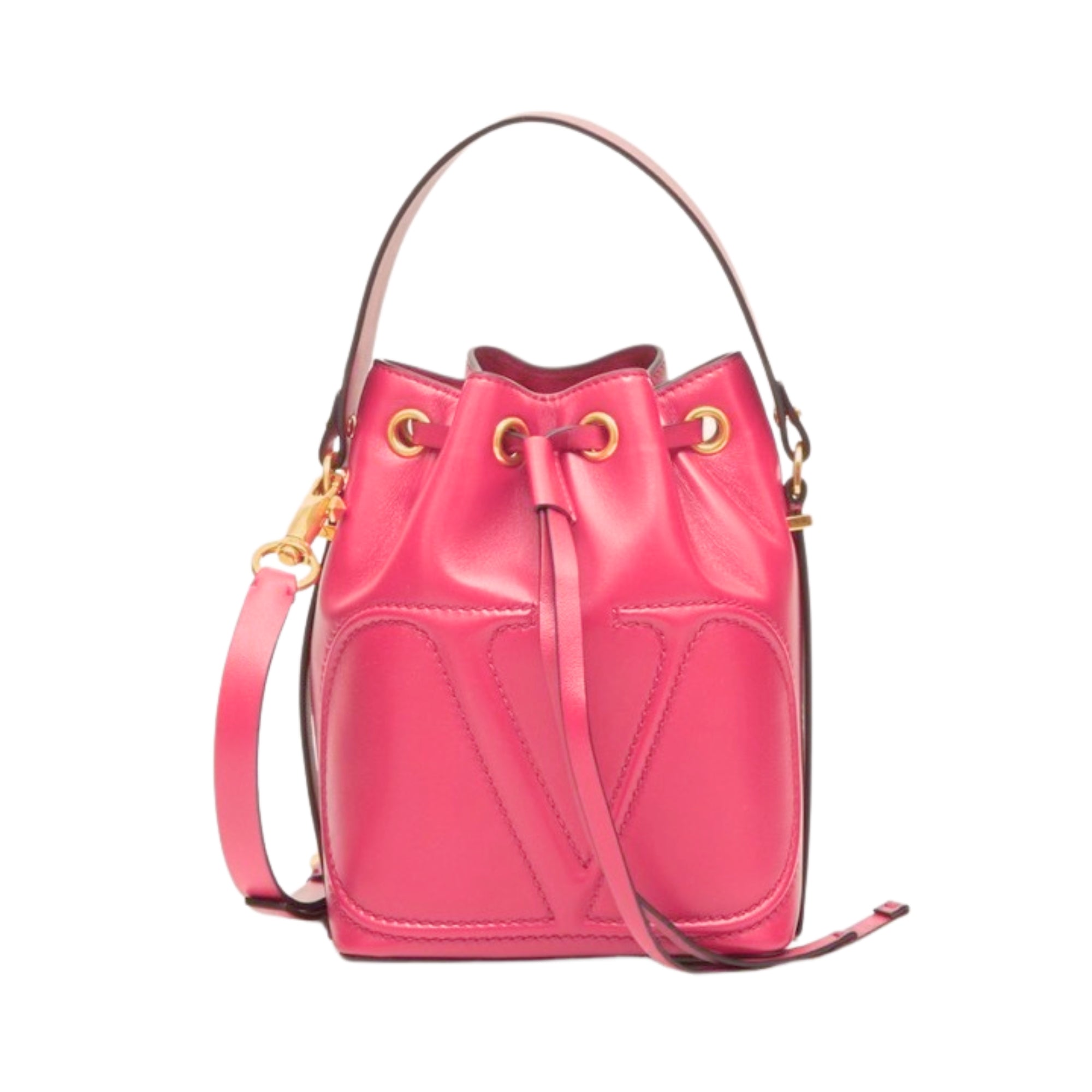 Valentino Garavani VLogo Walk Bucket Crossbody Bag Pink Calf Leather available at Queen Bee of Beverly Hills