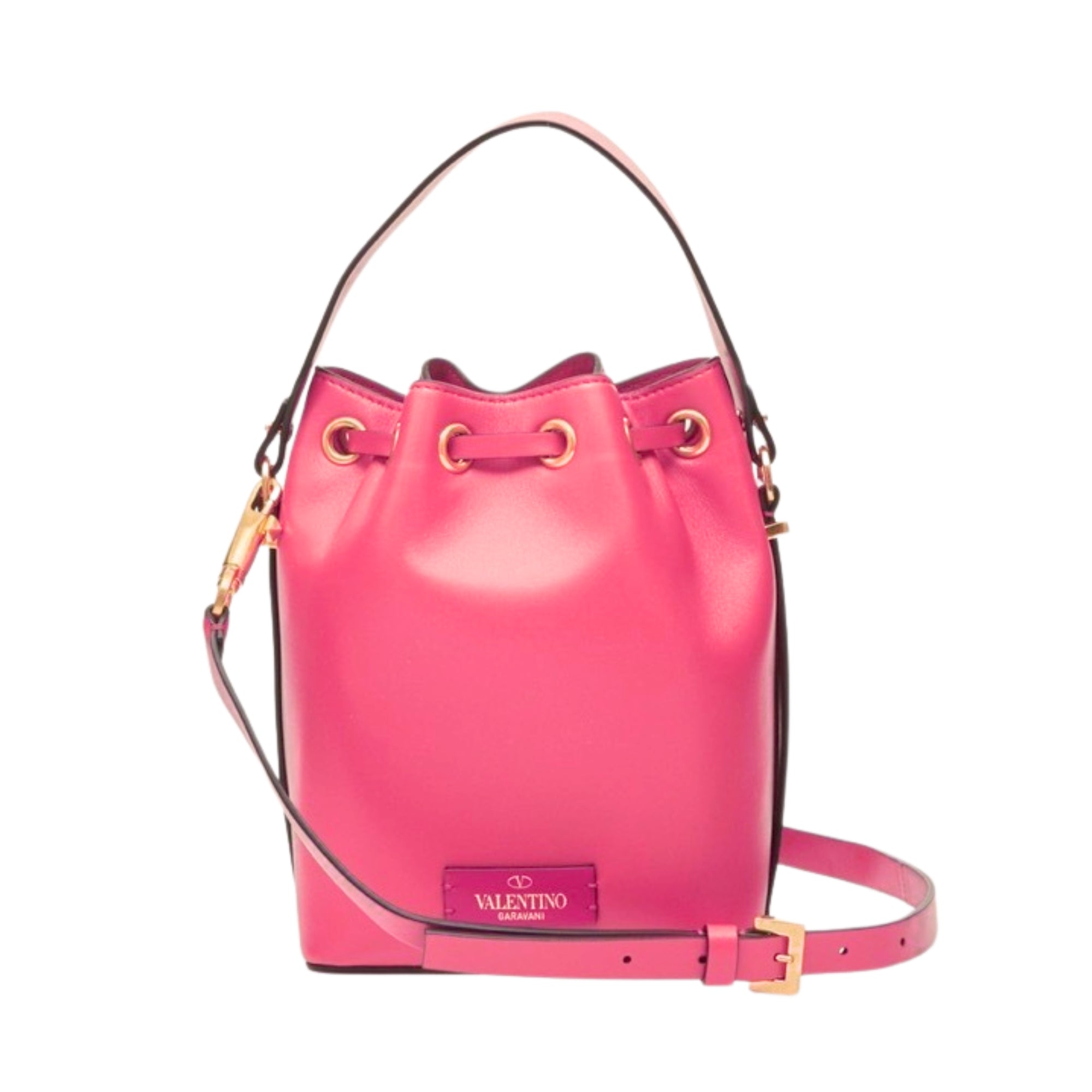 Valentino Garavani VLogo Walk Bucket Crossbody Bag Pink Calf Leather available at Queen Bee of Beverly Hills