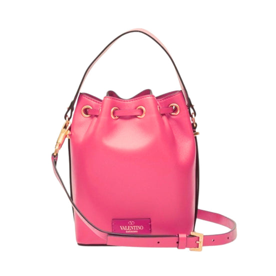 Valentino Garavani VLogo Walk Bucket Crossbody Bag Pink Calf Leather available at Queen Bee of Beverly Hills