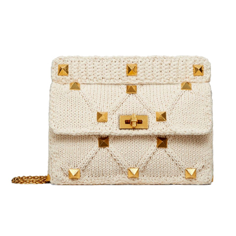 Valentino Garavani Roman Stud Large Shoulder Bag Ivory Knit Cashmere