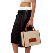 Versace Athena Raffia Leather Small Shopper Tote Beige available at Queen Bee of Beverly Hills