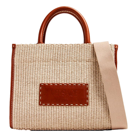 Versace Athena Raffia Leather Small Shopper Tote Beige available at Queen Bee of Beverly Hills