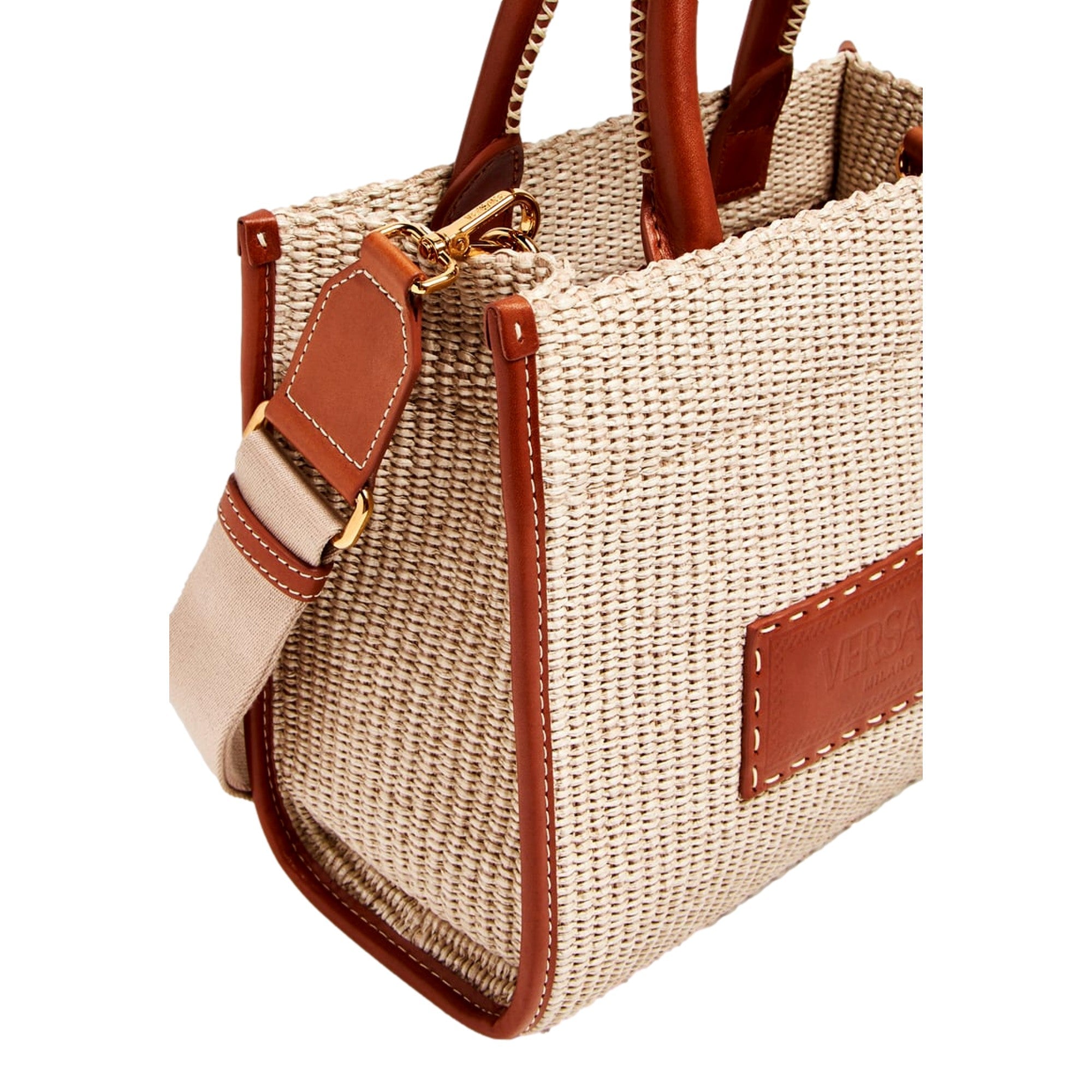 Versace Athena Raffia Leather Small Shopper Tote Beige available at Queen Bee of Beverly Hills