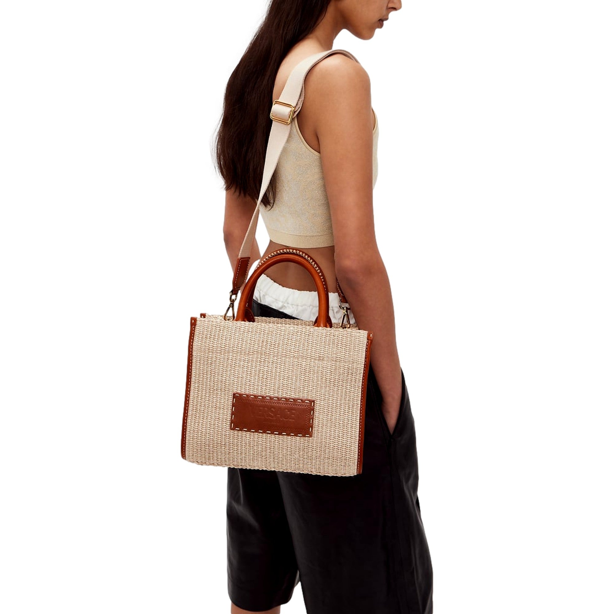 Versace Athena Raffia Leather Small Shopper Tote Beige available at Queen Bee of Beverly Hills