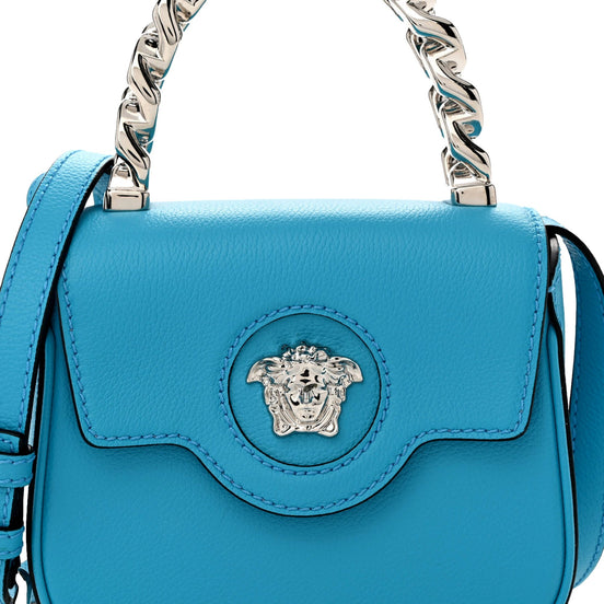 Versace Blue La Medusa Mini Top-Handle Bag available at Queen Bee of Beverly Hills