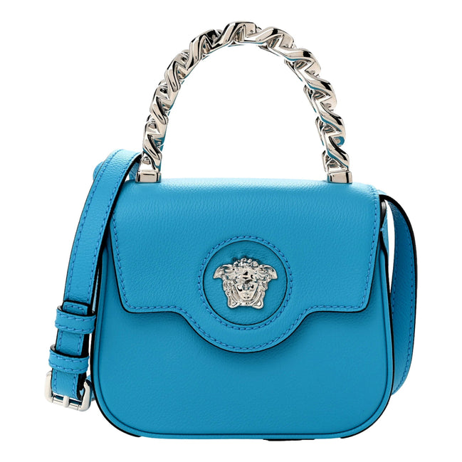 Versace Blue La Medusa Mini Top-Handle Bag available at Queen Bee of Beverly Hills