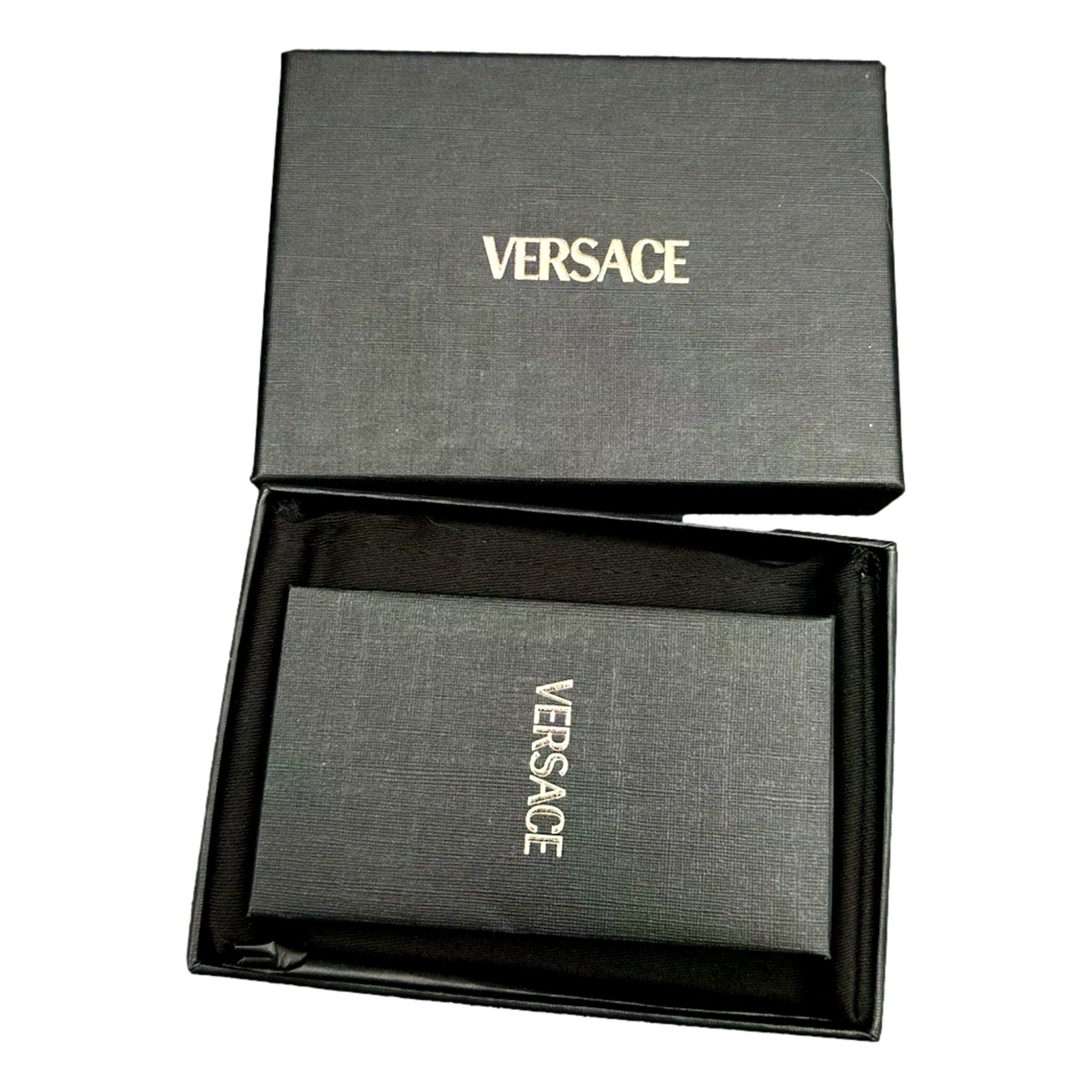 Versace La Medusa Crocodile Embossed Leather Cardholder Wallet in Black - available at Queen Bee of Beverly Hills. 