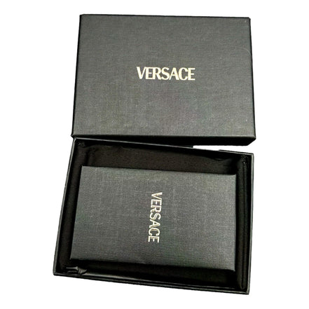 Versace La Medusa Crocodile Embossed Leather Cardholder Wallet in Black - available at Queen Bee of Beverly Hills. 