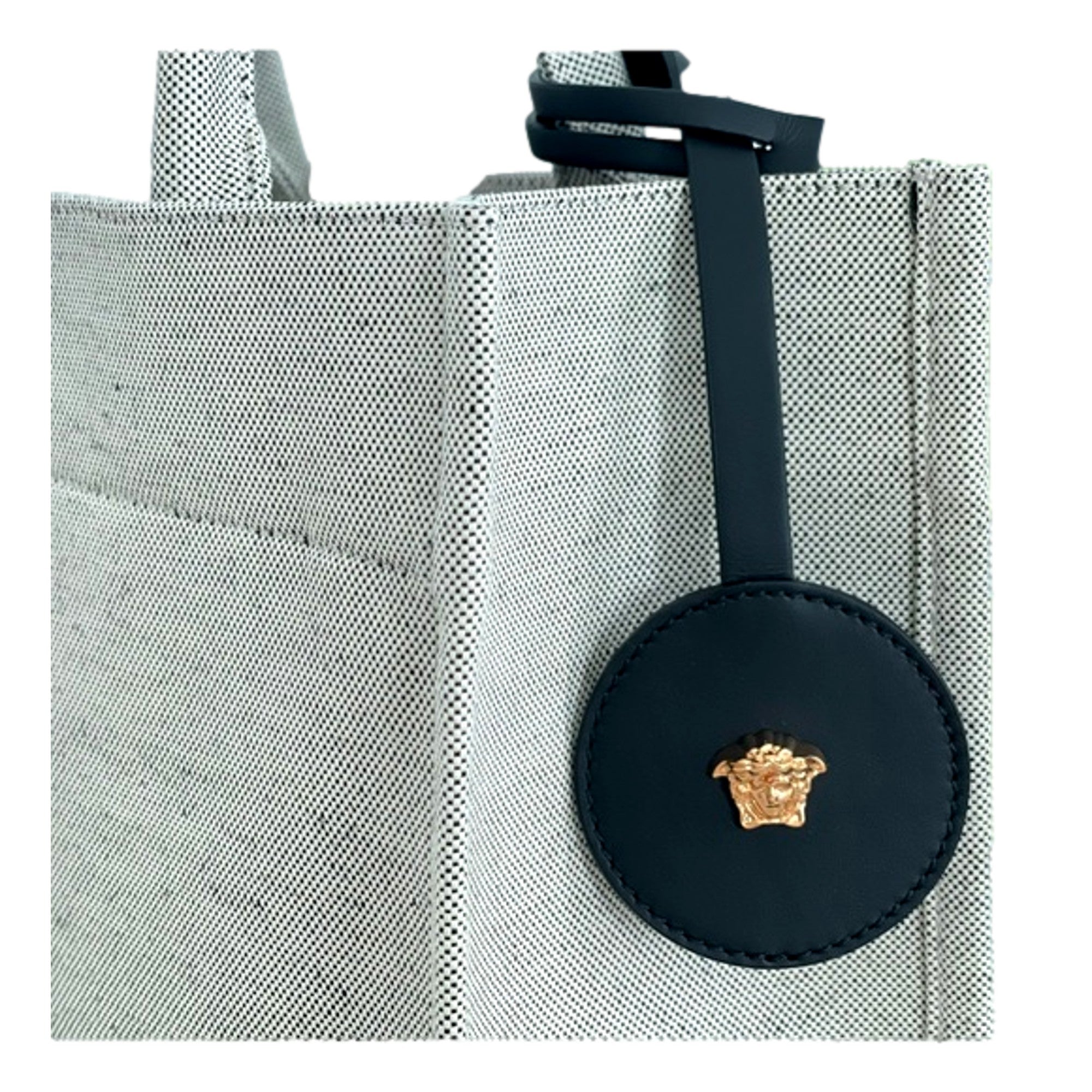 Versace Ecru Canvas Studded Logo Mini Totebag available at Queen Bee of Beverly Hills