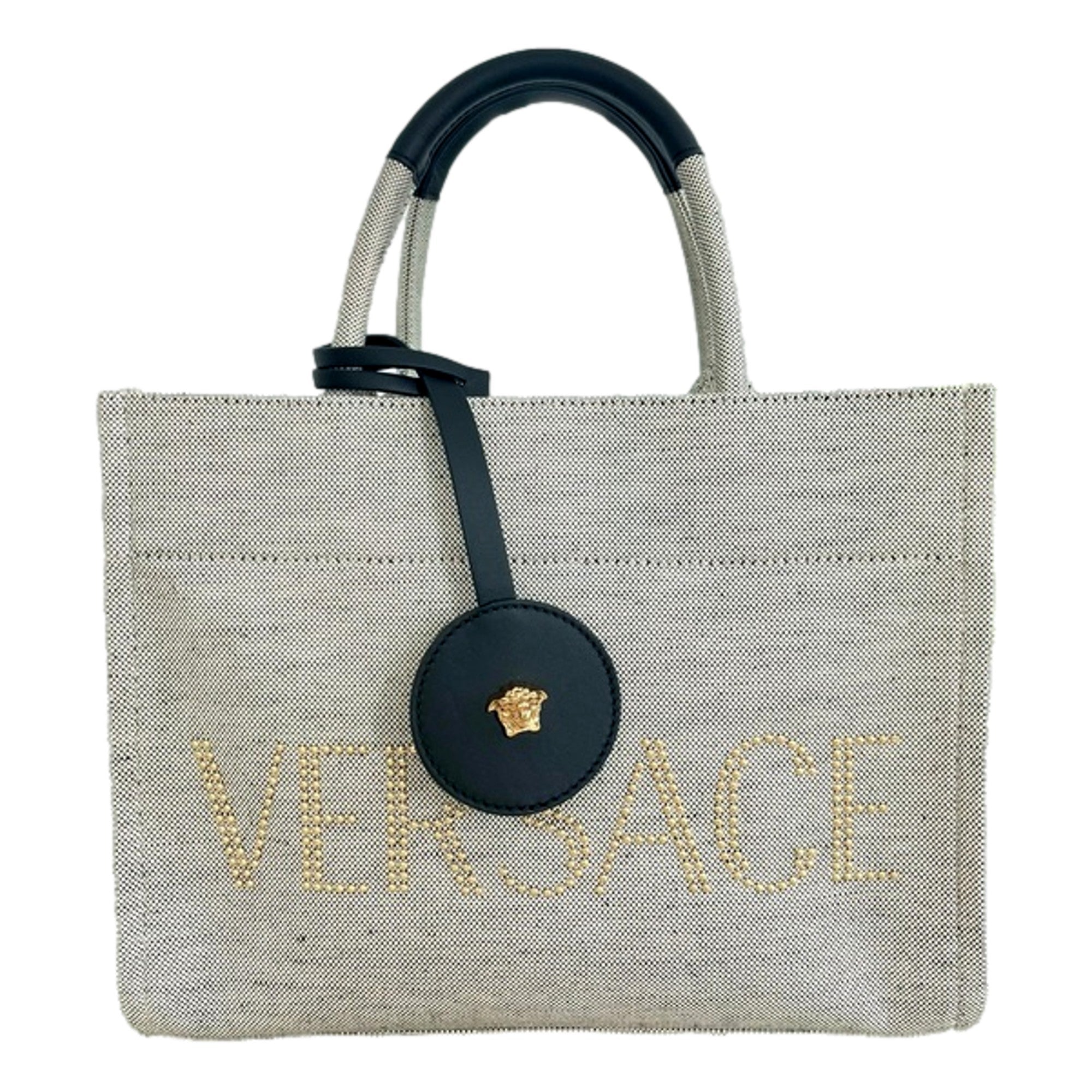 Versace Ecru Canvas Studded Logo Mini Totebag available at Queen Bee of Beverly Hills