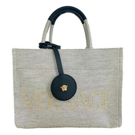 Versace Ecru Canvas Studded Logo Mini Totebag available at Queen Bee of Beverly Hills