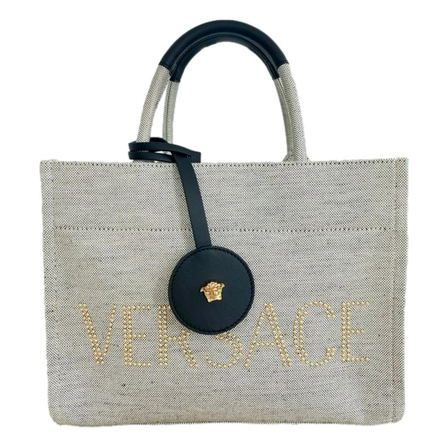 Versace Ecru Canvas Studded Logo Mini Totebag available at Queen Bee of Beverly Hills
