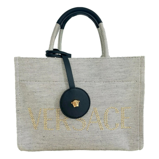 Versace Ecru Canvas Studded Logo Mini Totebag available at Queen Bee of Beverly Hills