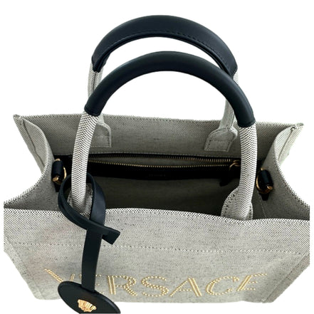 Versace Ecru Canvas Studded Logo Mini Totebag available at Queen Bee of Beverly Hills