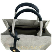 Versace Ecru Canvas Studded Logo Totebag available at Queen Bee of Beverly Hills