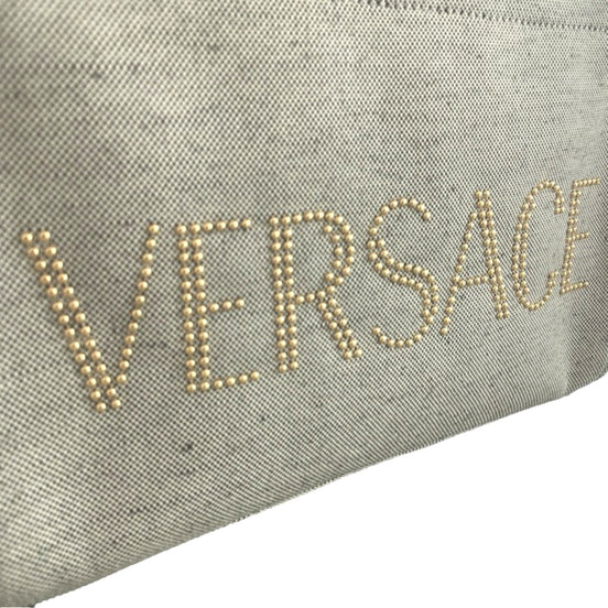 Versace Ecru Canvas Studded Logo Totebag available at Queen Bee of Beverly Hills