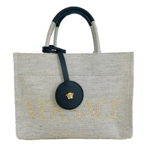 Versace Ecru Canvas Studded Logo Totebag available at Queen Bee of Beverly Hills