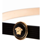 Versace Gianni Enamled Logo Black Leather Bow Belt 85/34 available at Queen Bee of Beverly Hills