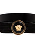 Versace Gianni Enamled Logo Black Leather Bow Belt 85/34 available at Queen Bee of Beverly Hills