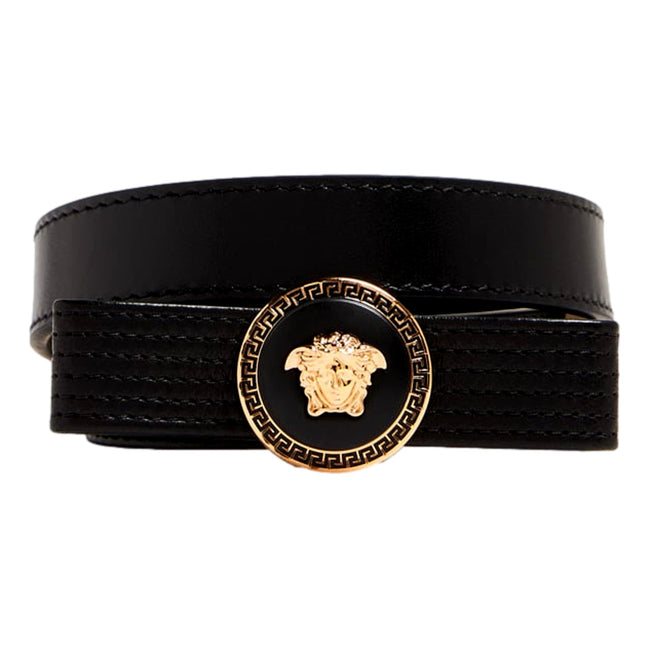Versace Gianni Enamled Logo Black Leather Bow Belt 85/34 available at Queen Bee of Beverly Hills